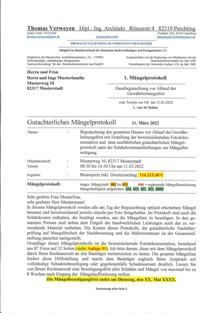 Baugutachter Verweyen & Partner Beispiel: Objektprüfung vor dem Ende der Gewährleistungsfrist, Seite 1
