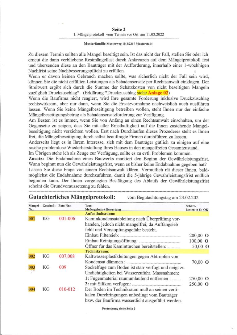 Baugutachter Verweyen & Partner Beispiel: Objektprüfung vor dem Ende der Gewährleistungsfrist, Seite 2