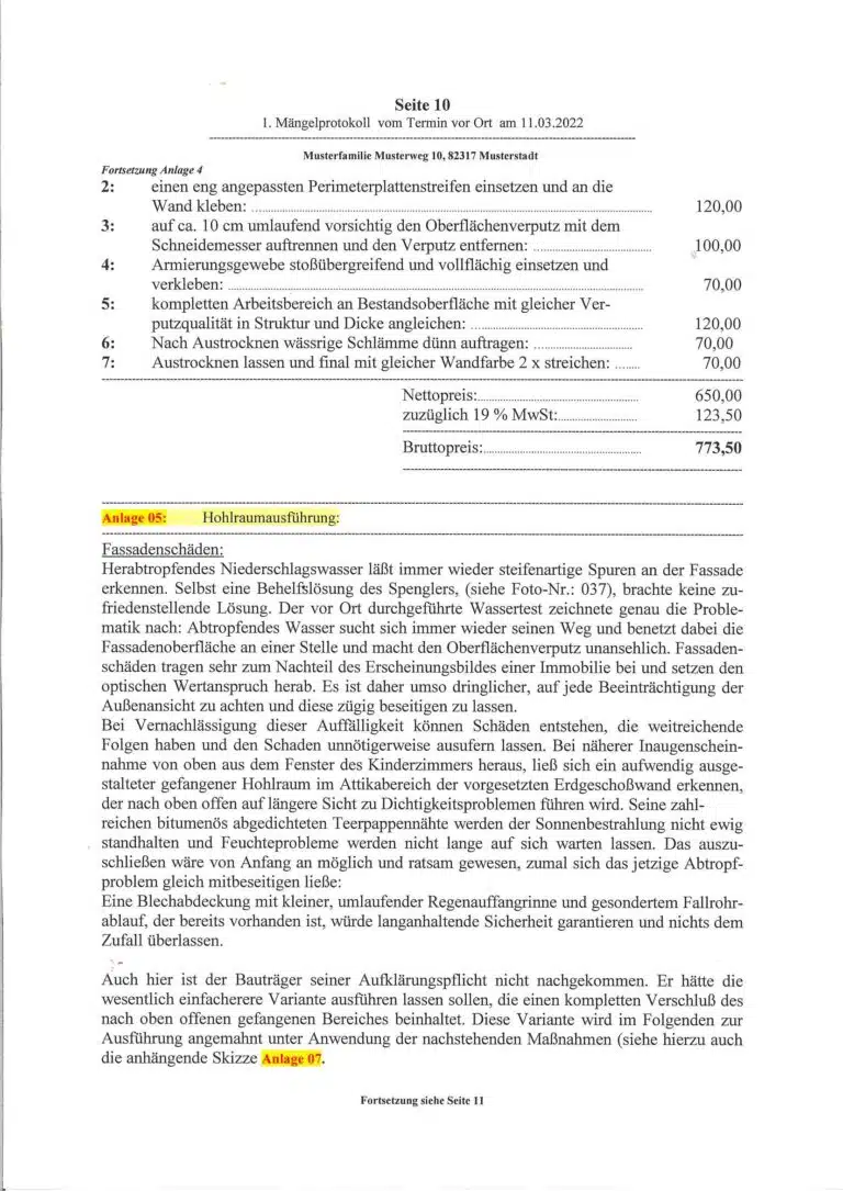 Baugutachter Verweyen & Partner Beispiel: Objektprüfung vor dem Ende der Gewährleistungsfrist, Seite 10