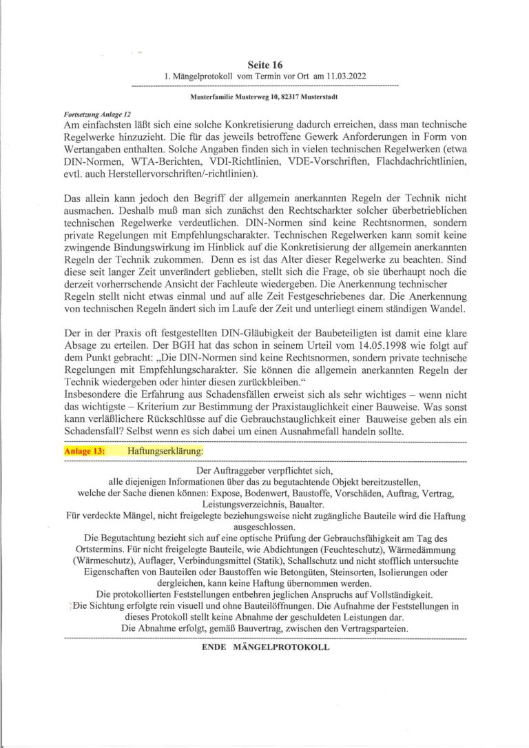 Baugutachter Verweyen & Partner Beispiel: Objektprüfung vor dem Ende der Gewährleistungsfrist, Seite 16