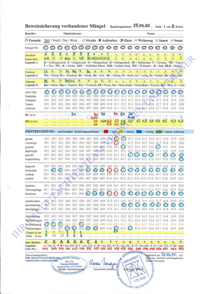 Baugutachter Verweyen & Partner Beispiel: Tabelle 1: intensive Form der Beweissicherung in 24 Einzel-Bewertungen