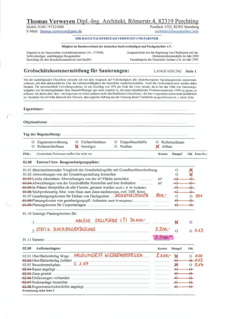 Baugutachter Team Verweyen & Partner Beispiel: Grobschätzkostenermittlung für Sanierung, Seite 1