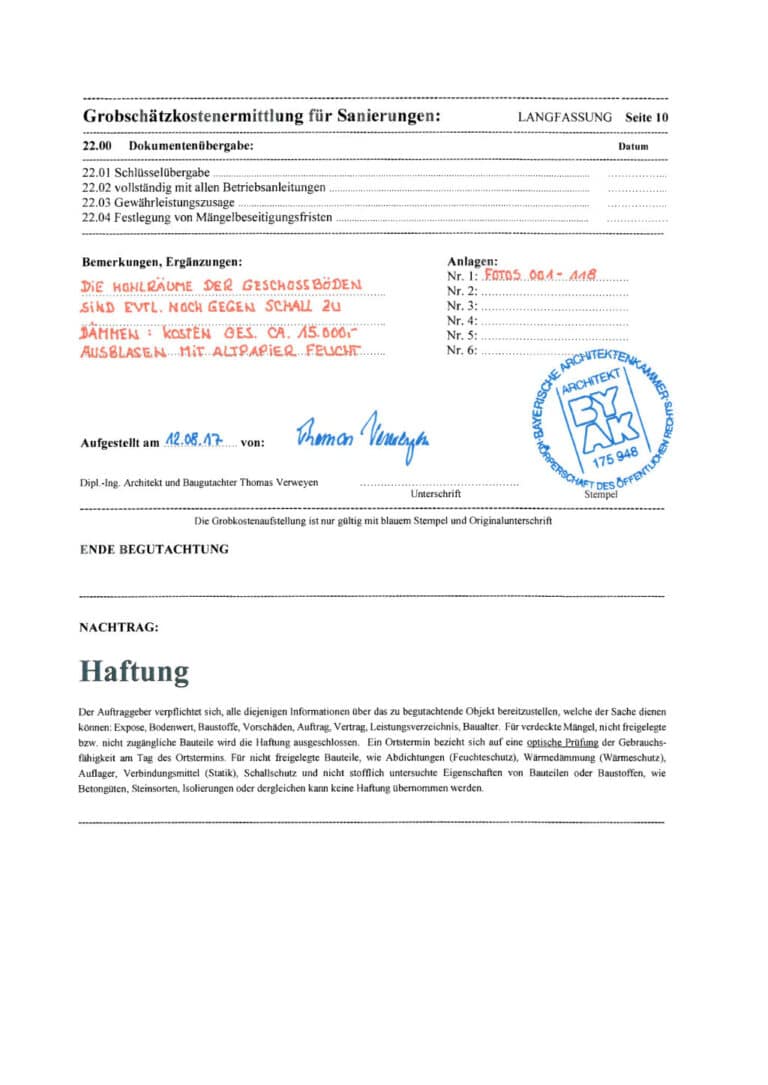 Baugutachter Team Verweyen & Partner Beispiel: Grobschätzkostenermittlung für Sanierung, Seite 10