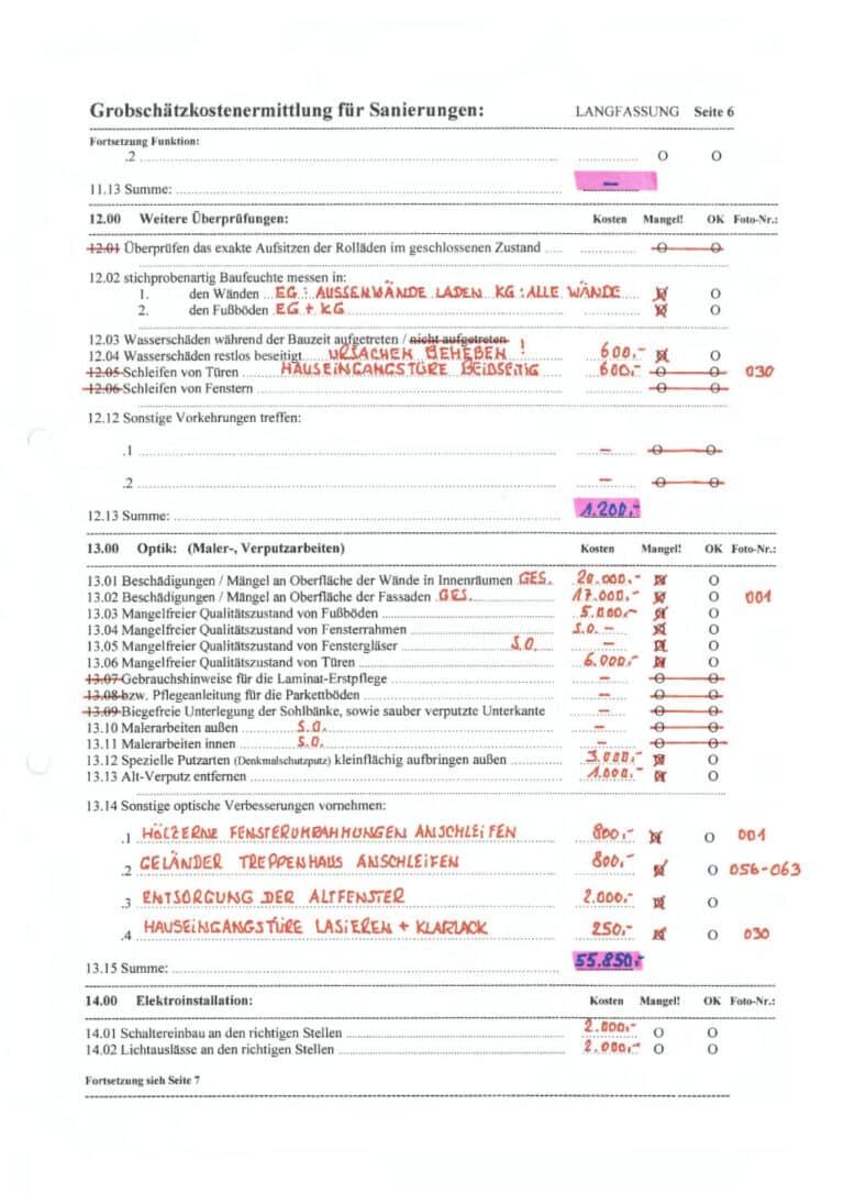 Baugutachter Team Verweyen & Partner Beispiel: Grobschätzkostenermittlung für Sanierung, Seite 6