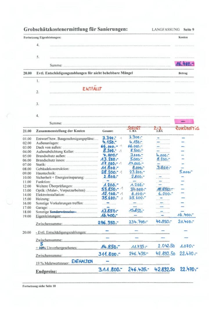 Baugutachter Team Verweyen & Partner Beispiel: Grobschätzkostenermittlung für Sanierung, Seite 9