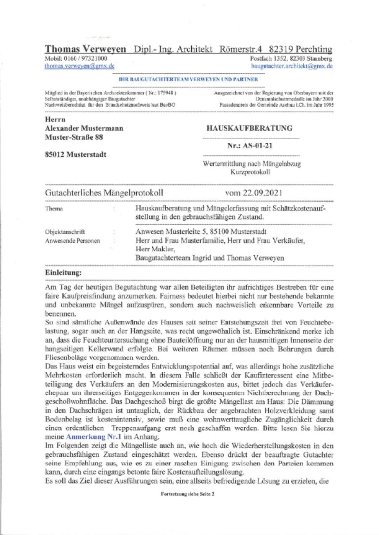 Baugutachter Team Verweyen & Partner Beispiel: Gutachten Hauskaufberatung, Seite 1