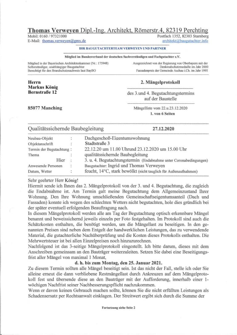 Baugutachter Team Verweyen & Partner Beispiel: Qualitätssichernde Baubegleitung, Seite 1