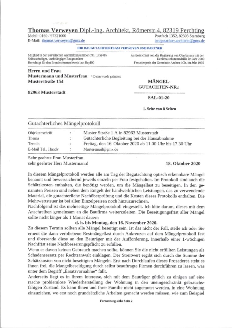 Baugutachter Team Verweyen & Partner Beispiel: Gutachterliche Baubegleitung bei der Hausabnahme, Seite 1