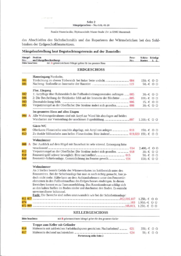 Baugutachter Team Verweyen & Partner Beispiel: Gutachterliche Baubegleitung bei der Hausabnahme, Seite 2
