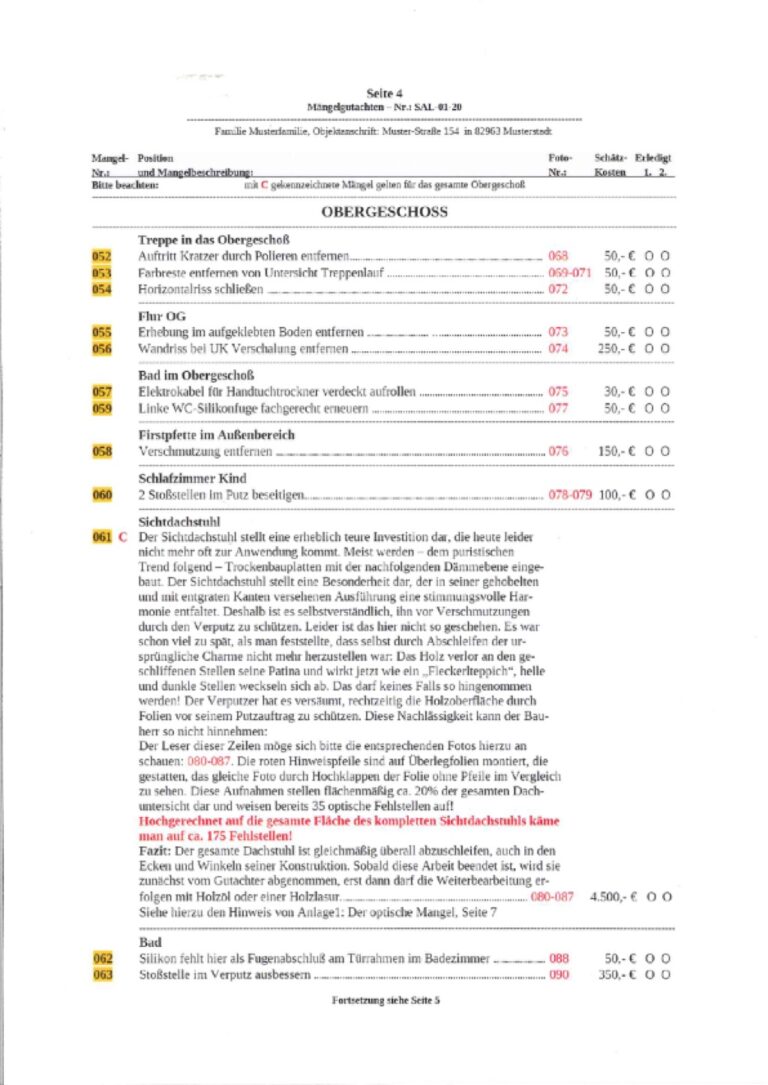 Baugutachter Team Verweyen & Partner Beispiel: Gutachterliche Baubegleitung bei der Hausabnahme, Seite 4