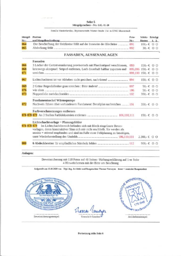 Baugutachter Team Verweyen & Partner Beispiel: Gutachterliche Baubegleitung bei der Hausabnahme, Seite 5