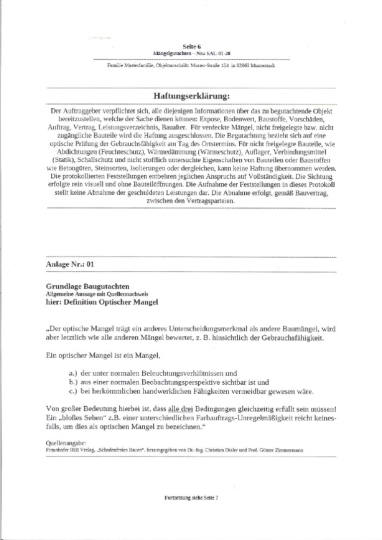 Baugutachter Team Verweyen & Partner Beispiel: Gutachterliche Baubegleitung bei der Hausabnahme, Seite 6