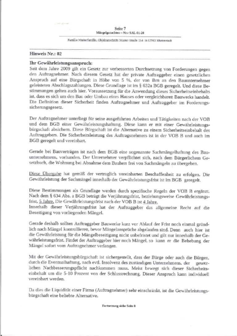 Baugutachter Team Verweyen & Partner Beispiel: Gutachterliche Baubegleitung bei der Hausabnahme, Seite 7