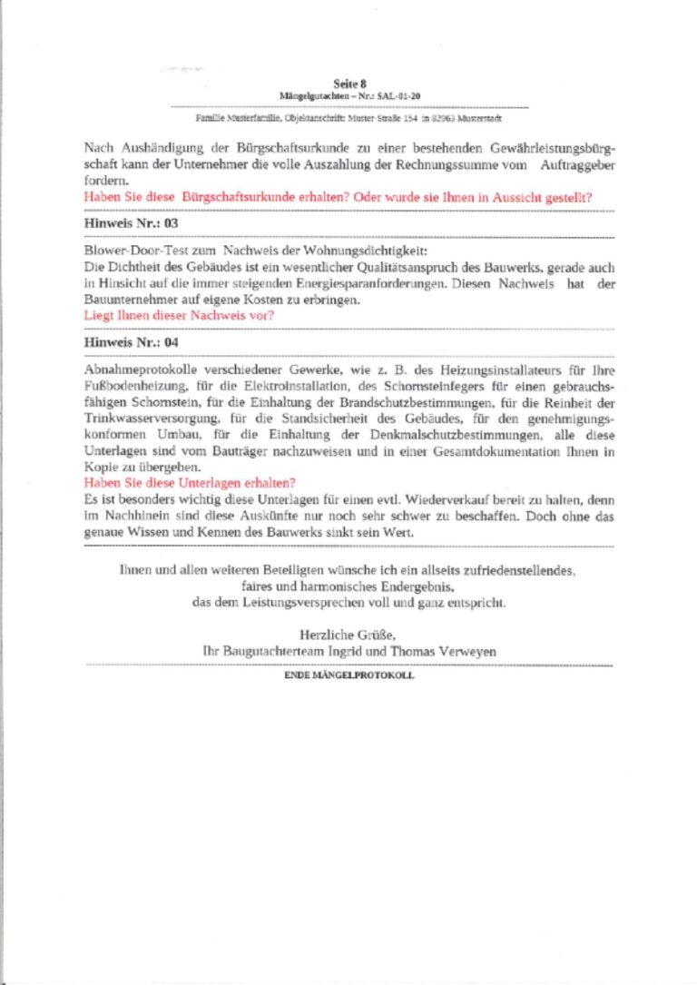 Baugutachter Team Verweyen & Partner Beispiel: Gutachterliche Baubegleitung bei der Hausabnahme, Seite 8