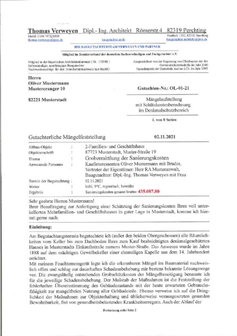 Baugutachter Team Verweyen & Partner Beispiel: Mängelaufstellung mit Schätzkosten im Denkmalschutzbereich, Seite 1