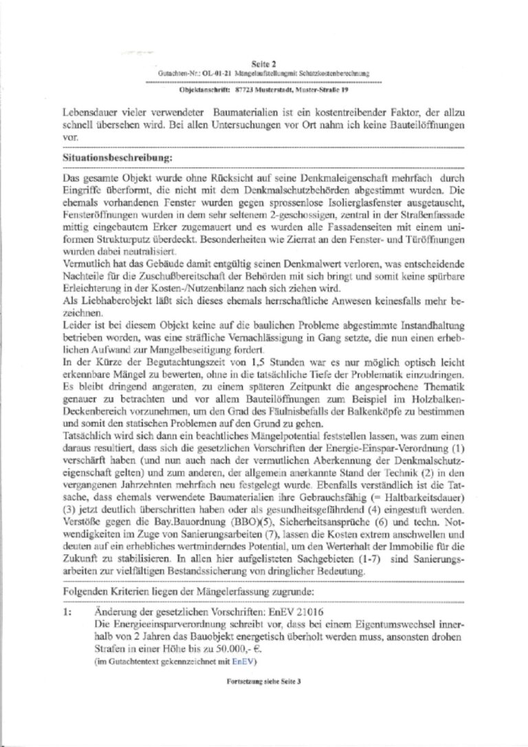 Baugutachter Team Verweyen & Partner Beispiel: Mängelaufstellung mit Schätzkosten im Denkmalschutzbereich, Seite 2