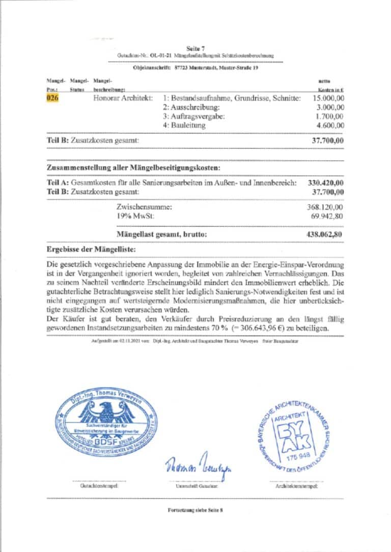 Baugutachter Team Verweyen & Partner Beispiel: Mängelaufstellung mit Schätzkosten im Denkmalschutzbereich, Seite 7