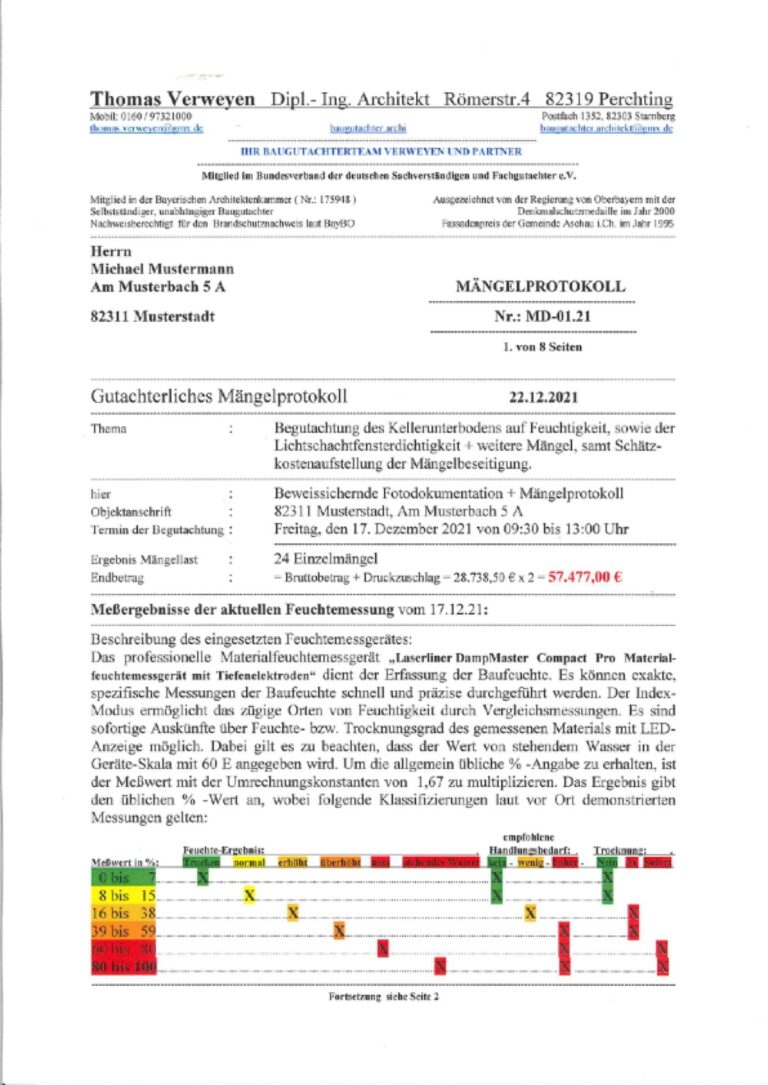 Baugutachter Team Verweyen & Partner Beispiel: Mängelgutachten Feuchtigkeit, Seite 1