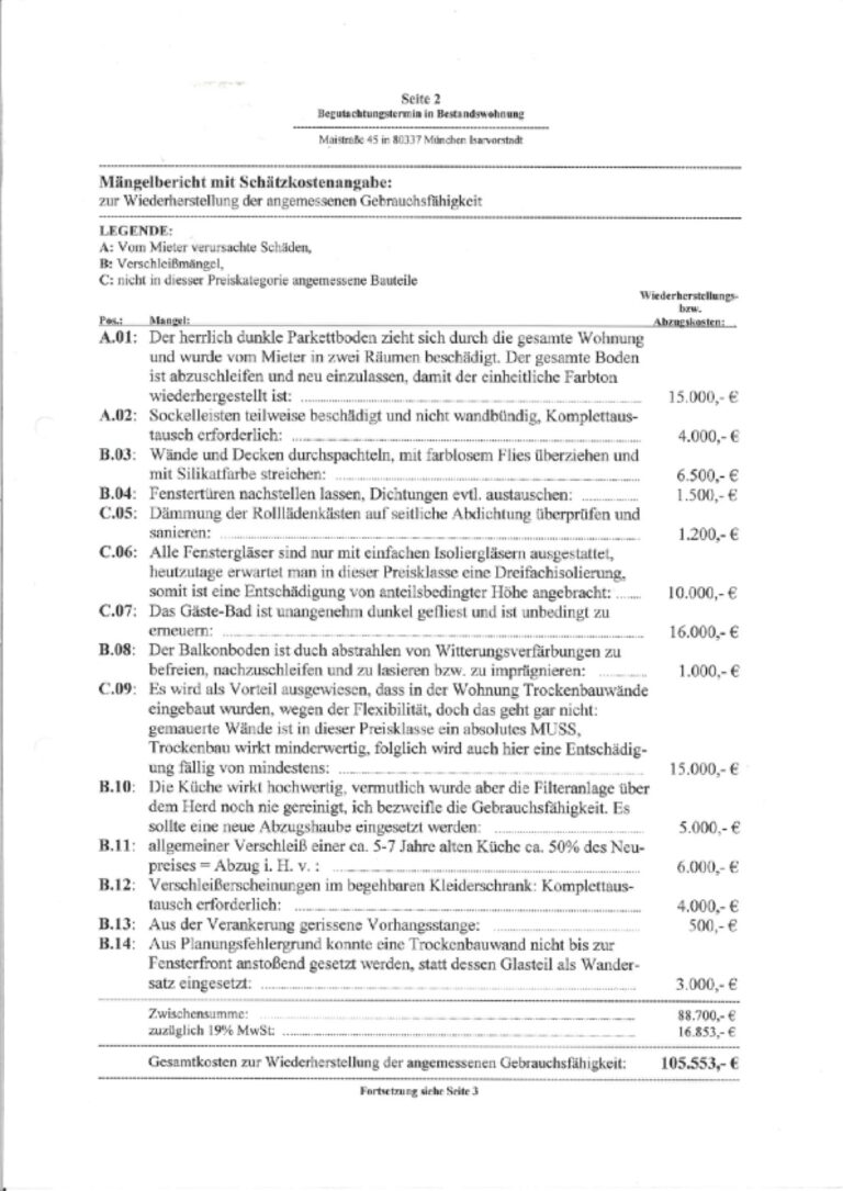 Baugutachter Team Verweyen & Partner Beispiel: Mängelbericht mit Schätzkostenangabe, Seite 1