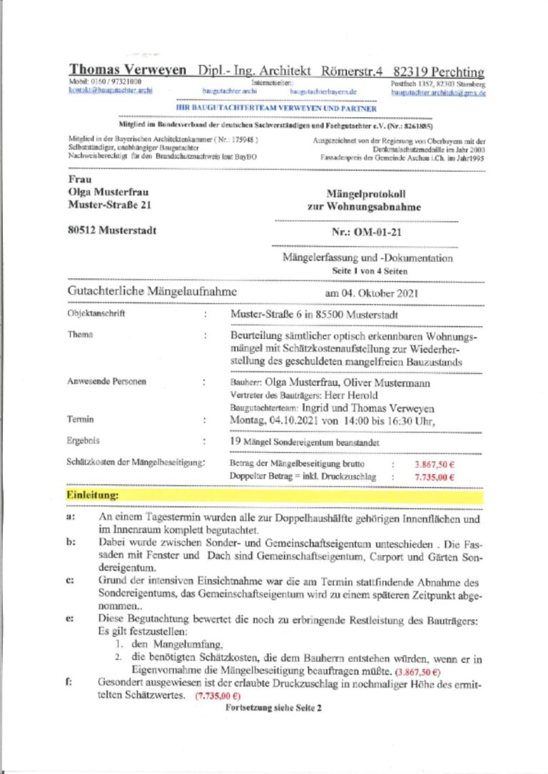 Baugutachter Team Verweyen & Partner Beispiel: Gutachterliche Mängelaufnahme, Seite 1