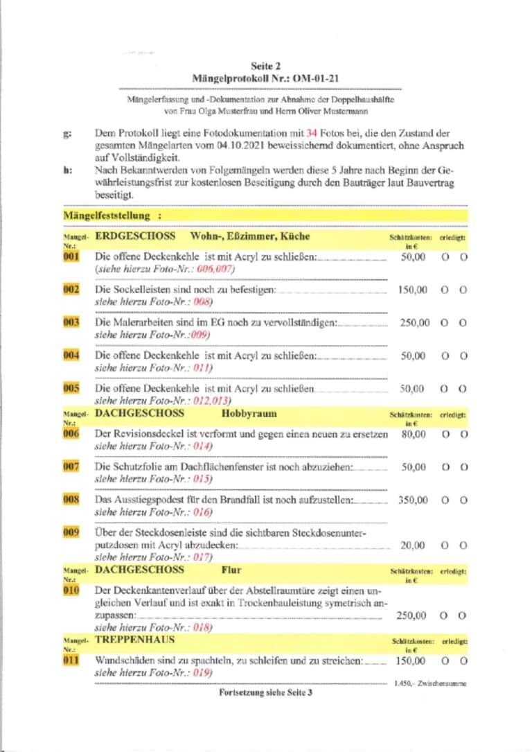 Baugutachter Team Verweyen & Partner Beispiel: Gutachterliche Mängelaufnahme, Seite 2