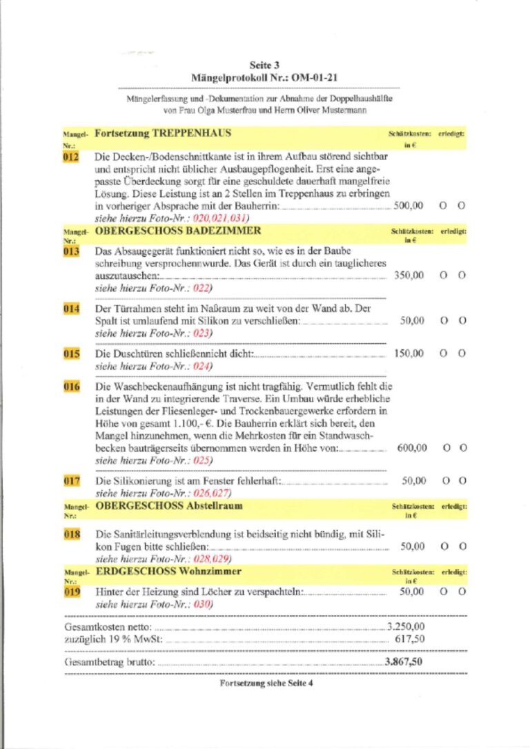 Baugutachter Team Verweyen & Partner Beispiel: Gutachterliche Mängelaufnahme, Seite 3