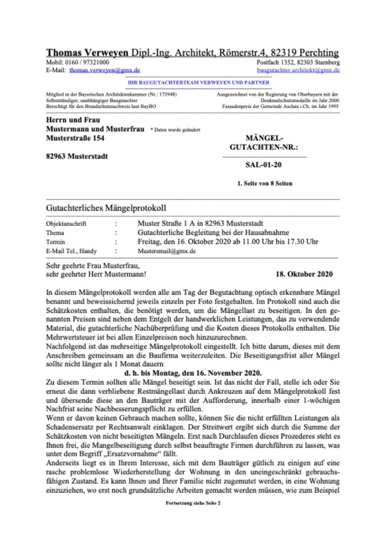 Baugutachter Team Verweyen & Partner Beispiel: Gutachterliche Begleitung bei der Hausabnahme, Seite 1