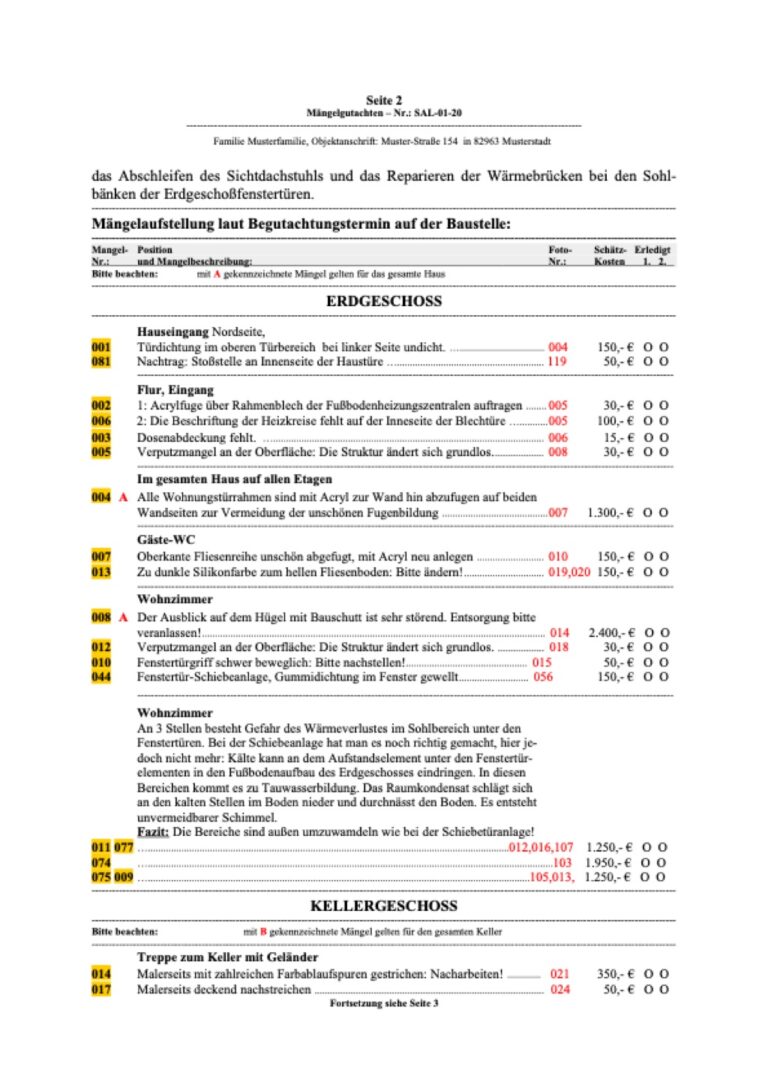 Baugutachter Team Verweyen & Partner Beispiel: Gutachterliche Begleitung bei der Hausabnahme, Seite 2
