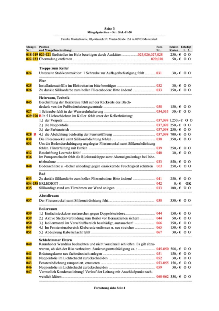 Baugutachter Team Verweyen & Partner Beispiel: Gutachterliche Begleitung bei der Hausabnahme, Seite 3