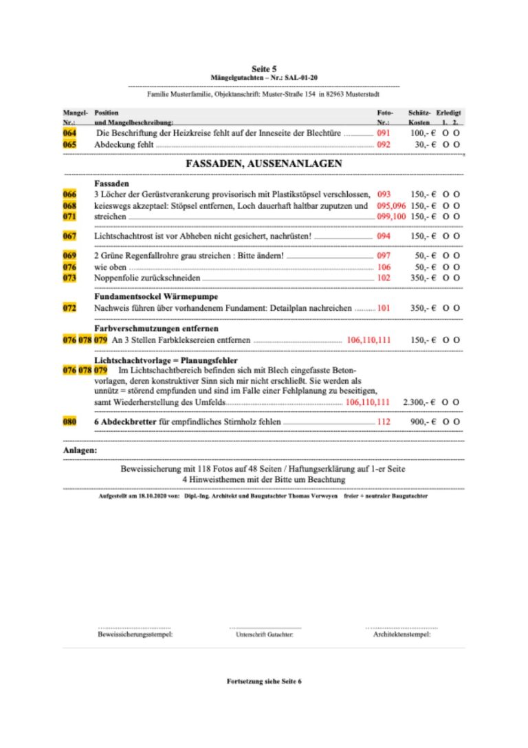Baugutachter Team Verweyen & Partner Beispiel: Gutachterliche Begleitung bei der Hausabnahme, Seite 5
