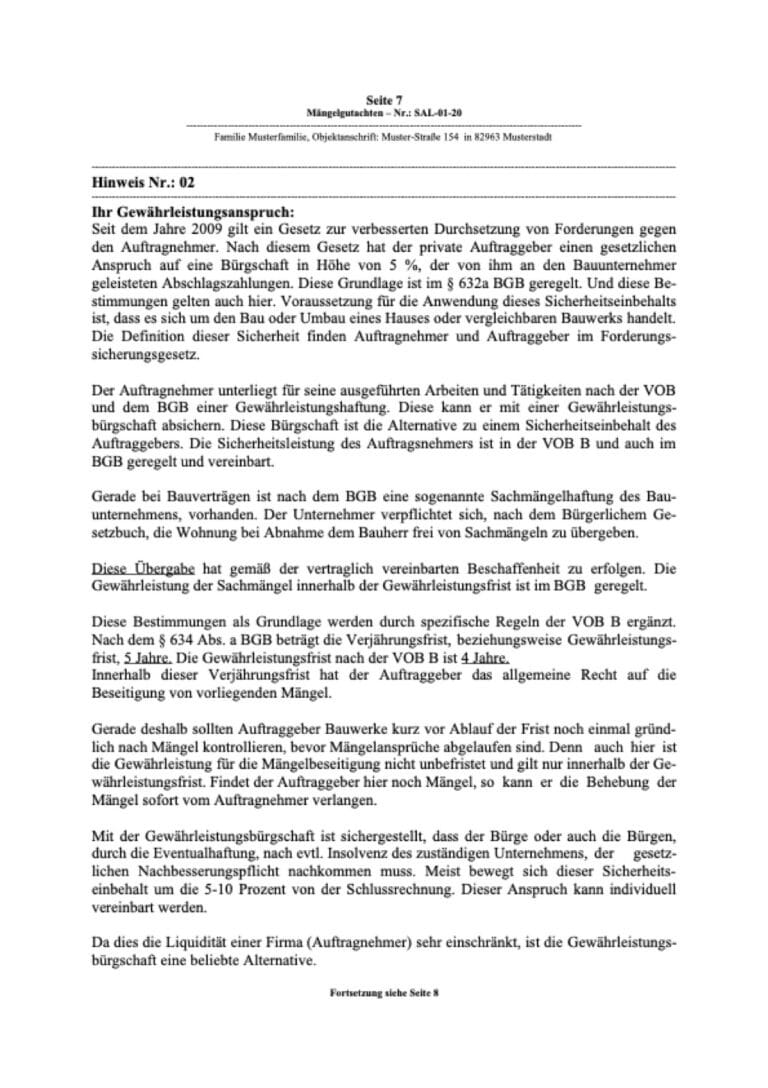 Baugutachter Team Verweyen & Partner Beispiel: Gutachterliche Begleitung bei der Hausabnahme, Seite 7