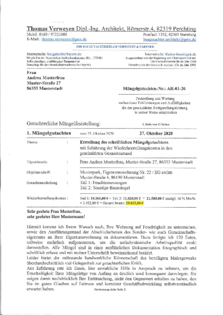 Baugutachter Team Verweyen & Partner Beispiel: Mängelgutachten, Seite 1
