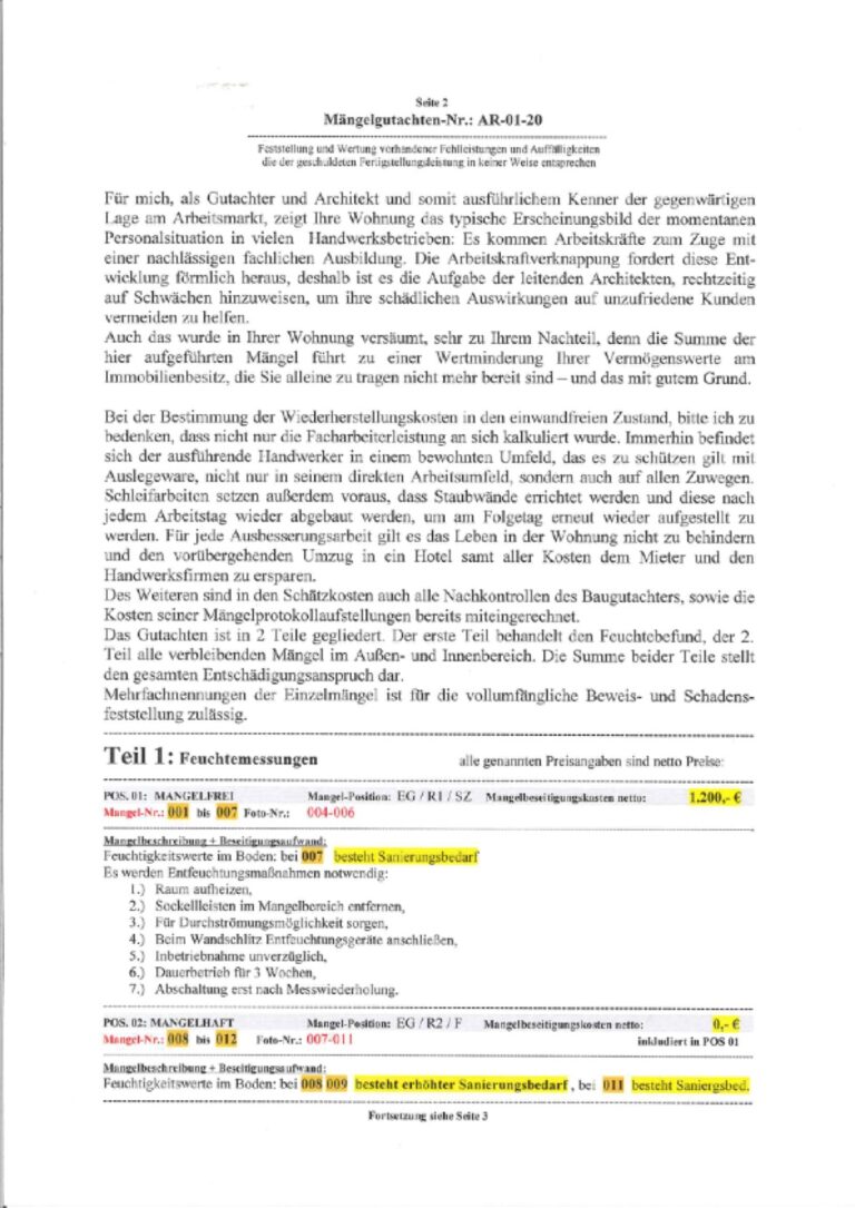 Baugutachter Team Verweyen & Partner Beispiel: Mängelgutachten, Seite 2