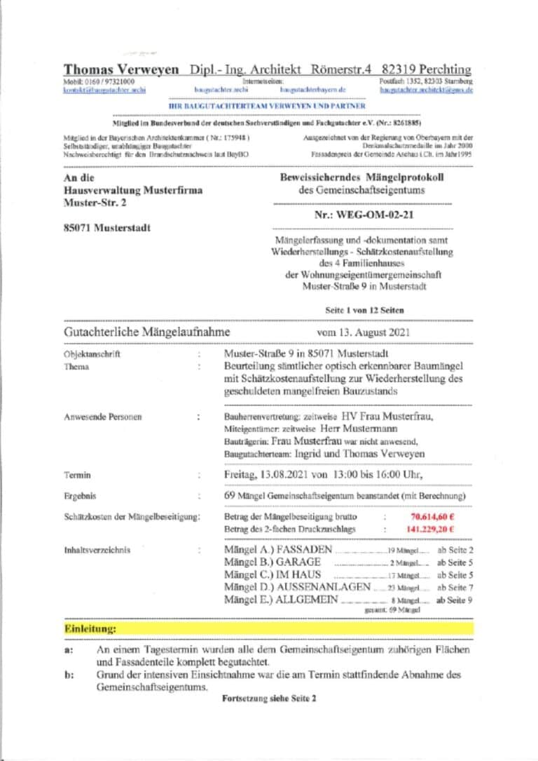 Baugutachter Team Verweyen & Partner Beispiel: Beweissicherndes Mängelprotokoll, Seite 1