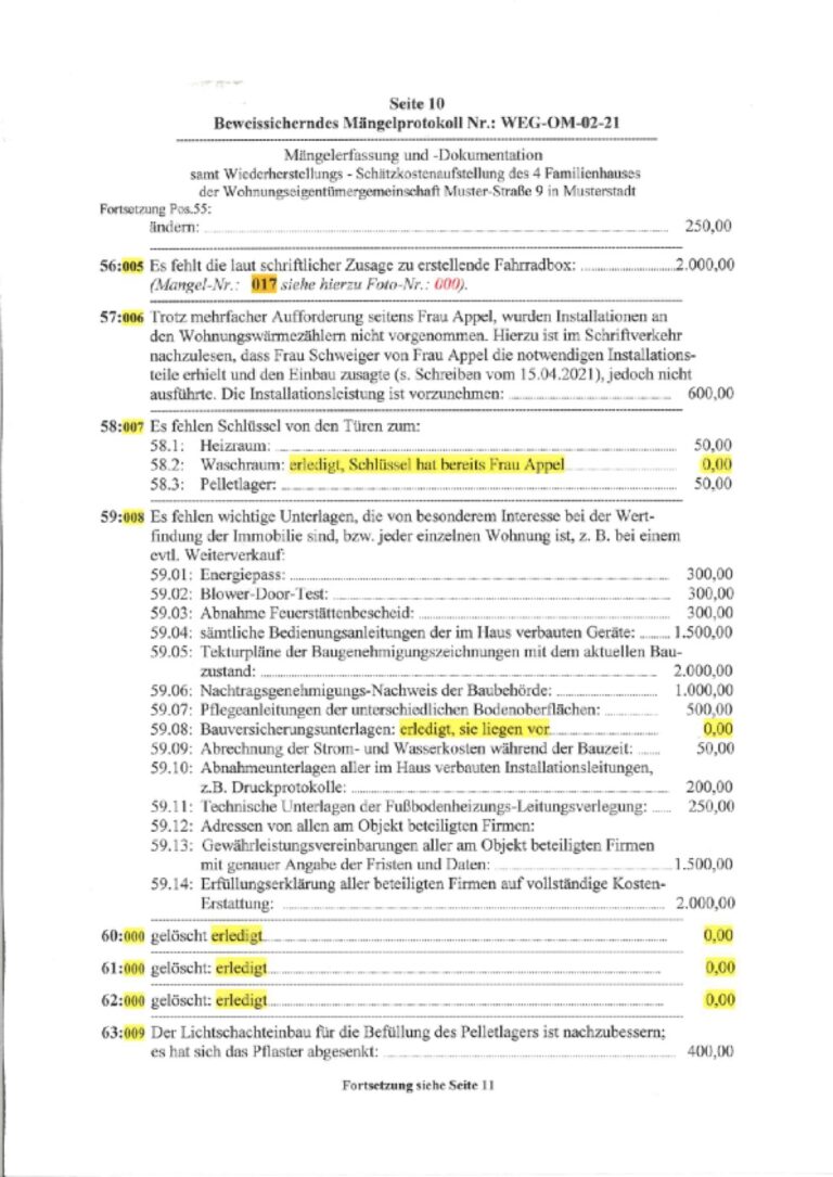 Baugutachter Team Verweyen & Partner Beispiel: Beweissicherndes Mängelprotokoll, Seite 10