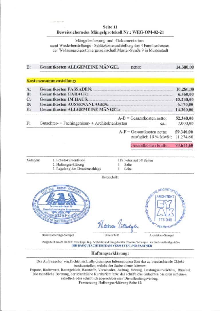 Baugutachter Team Verweyen & Partner Beispiel: Beweissicherndes Mängelprotokoll, Seite 11