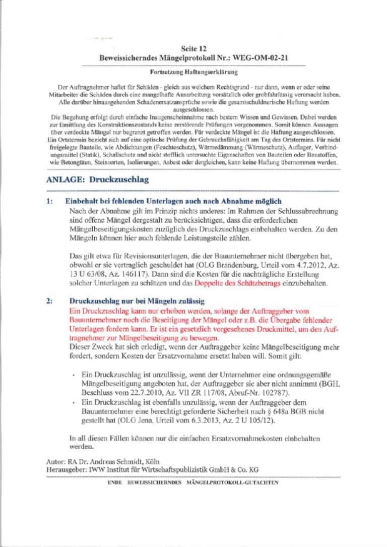 Baugutachter Team Verweyen & Partner Beispiel: Beweissicherndes Mängelprotokoll, Seite 12