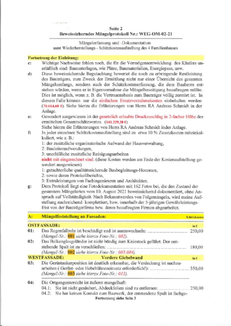Baugutachter Team Verweyen & Partner Beispiel: Beweissicherndes Mängelprotokoll, Seite 2