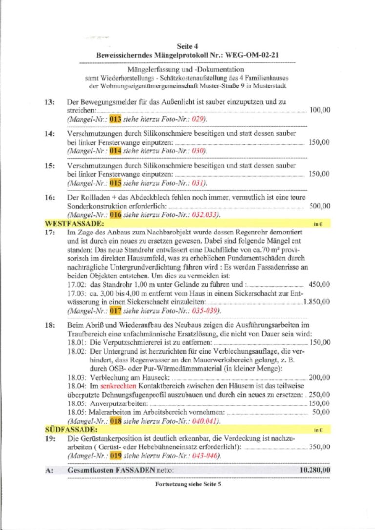 Baugutachter Team Verweyen & Partner Beispiel: Beweissicherndes Mängelprotokoll, Seite 4