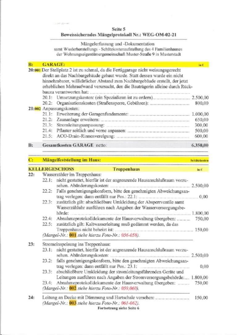 Baugutachter Team Verweyen & Partner Beispiel: Beweissicherndes Mängelprotokoll, Seite 5