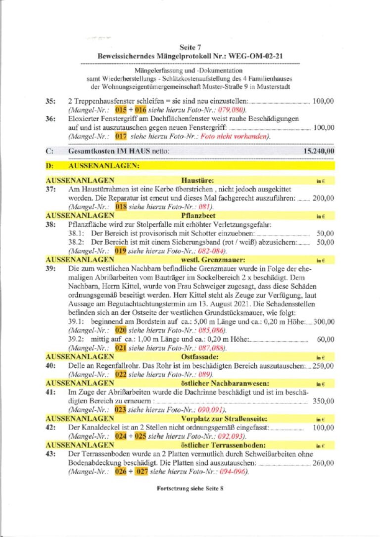 Baugutachter Team Verweyen & Partner Beispiel: Beweissicherndes Mängelprotokoll, Seite 7
