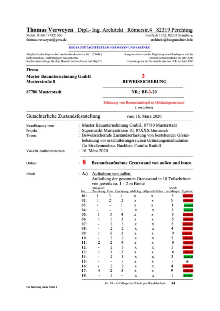 Baugutachter Team Verweyen & Partner Beispiel: Gutachterliche Zustandsfeststellung, Seite 1