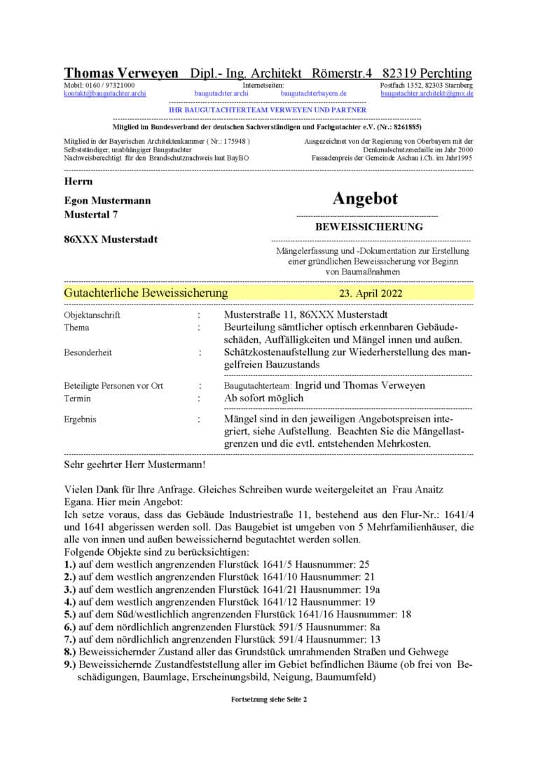 Baugutachter Team Verweyen & Partner Beispiel: Gutachterliche Beweissicherung, Seite 1
